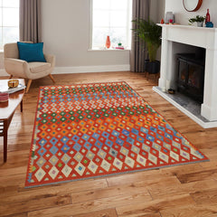 handmade Modern Kilim Rust Blue Hand-Woven RECTANGLE 100% WOOL area rug 8x10