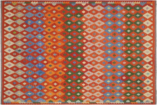 handmade Modern Kilim Rust Blue Hand-Woven RECTANGLE 100% WOOL area rug 8x10