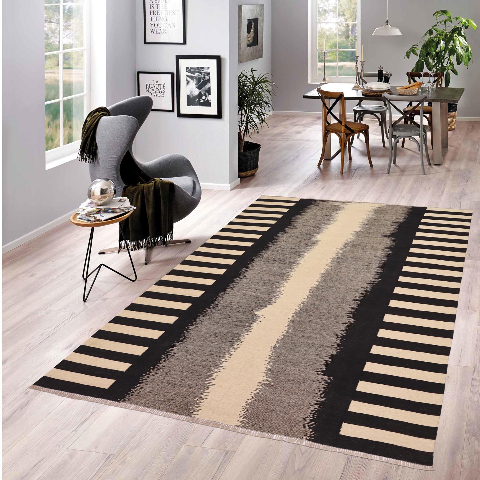 handmade Modern Kilim Beige Black Hand-Woven RECTANGLE 100% WOOL area rug 8' x 10'