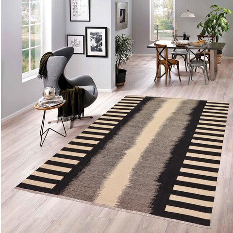 handmade Modern Kilim Beige Black Hand-Woven RECTANGLE 100% WOOL area rug 8' x 10'