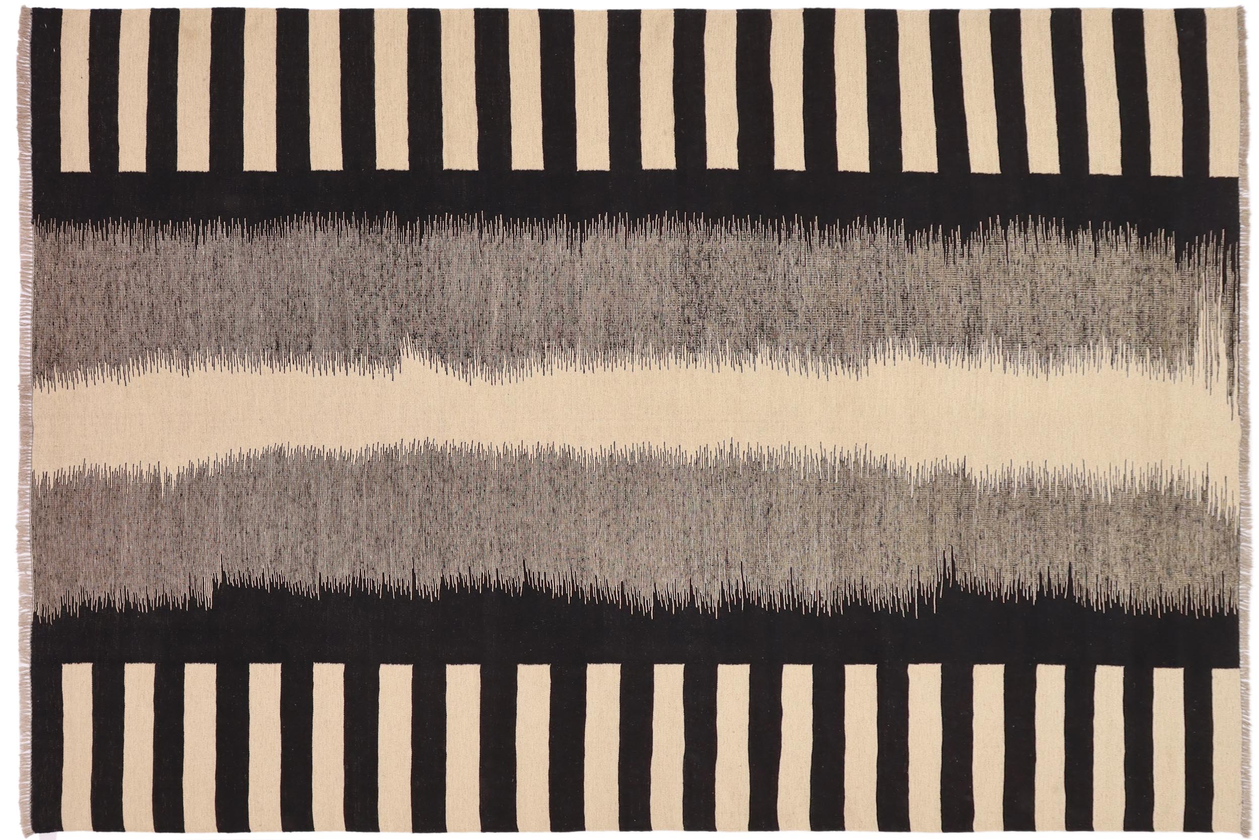 handmade Modern Kilim Beige Black Hand-Woven RECTANGLE 100% WOOL area rug 8' x 10'