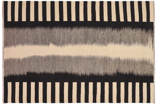 handmade Modern Kilim Beige Black Hand-Woven RECTANGLE 100% WOOL area rug 8' x 10'