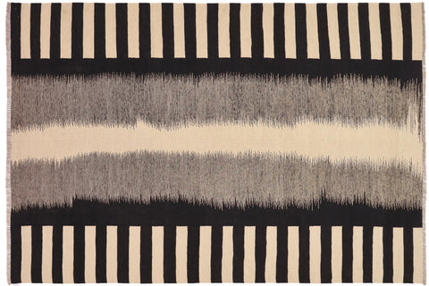 handmade Modern Kilim Beige Black Hand-Woven RECTANGLE 100% WOOL area rug 8' x 10'