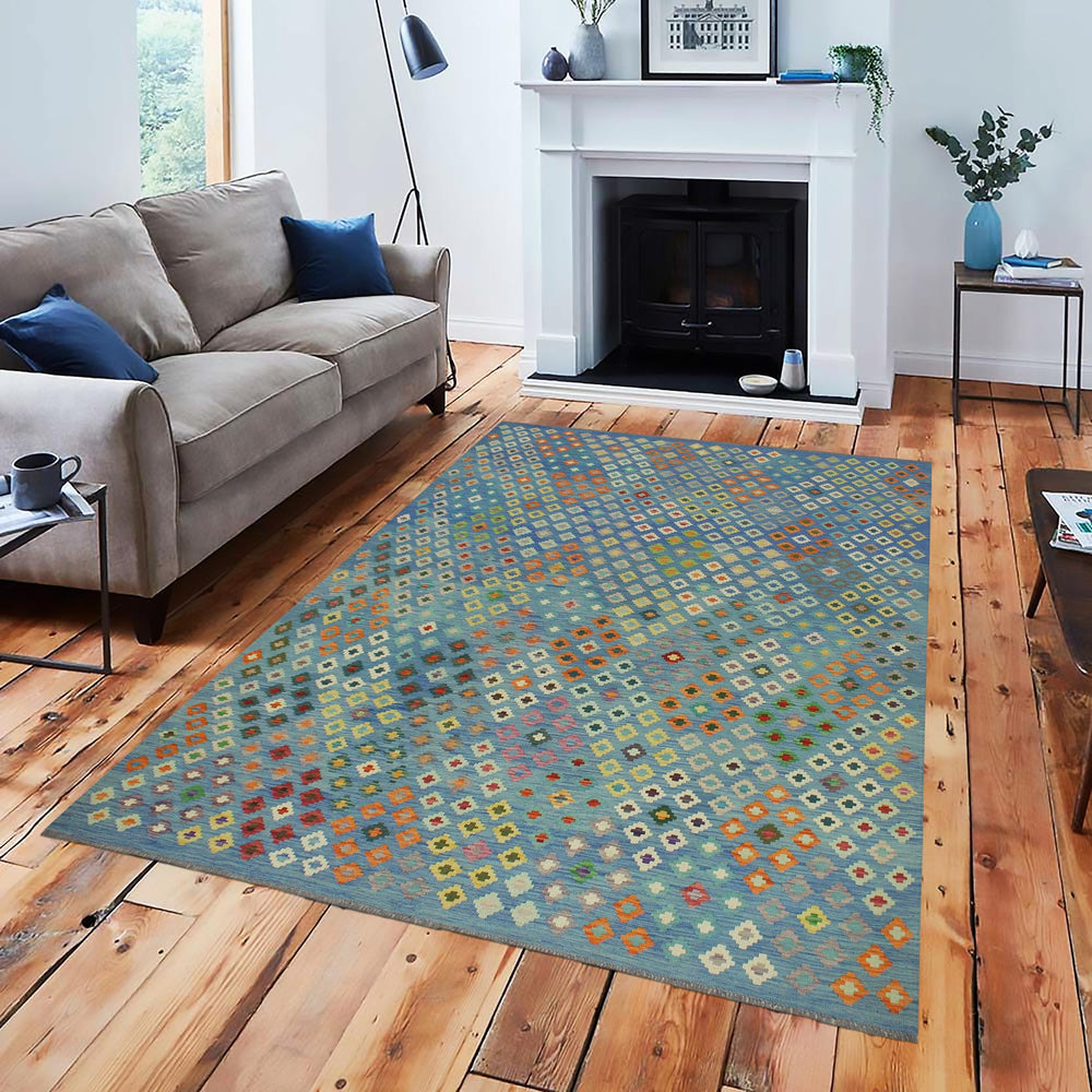 handmade Geometric Kilim Blue Red Hand-Woven RECTANGLE 100% WOOL area rug 8 x 10