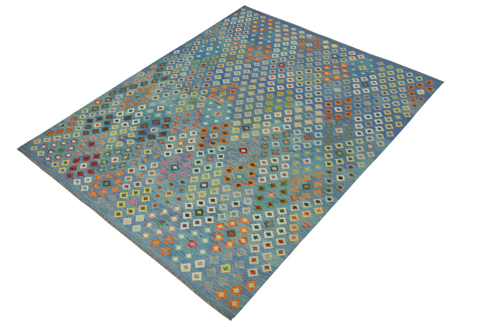 handmade Geometric Kilim Blue Red Hand-Woven RECTANGLE 100% WOOL area rug 8 x 10
