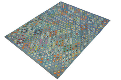 handmade Geometric Kilim Blue Red Hand-Woven RECTANGLE 100% WOOL area rug 8 x 10