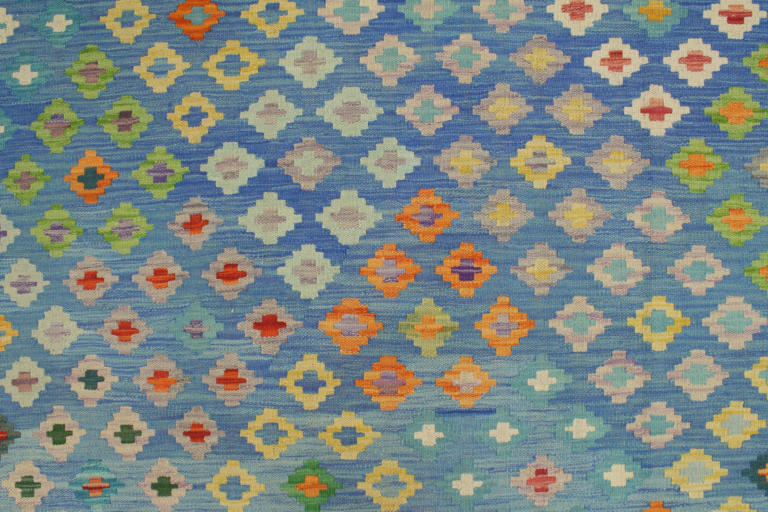 handmade Geometric Kilim Blue Red Hand-Woven RECTANGLE 100% WOOL area rug 8 x 10