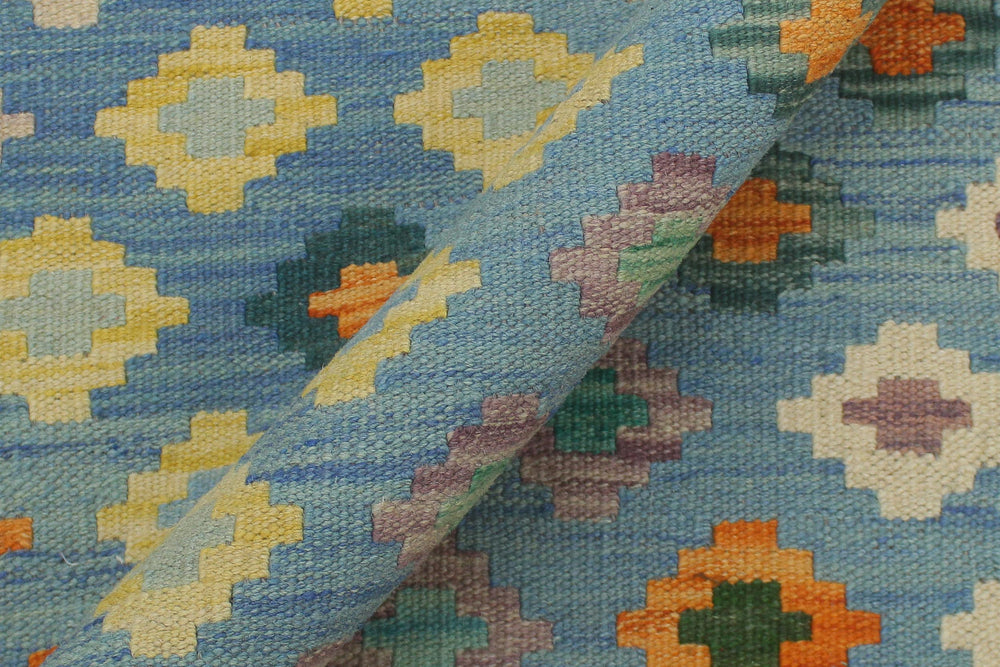 handmade Geometric Kilim Blue Red Hand-Woven RECTANGLE 100% WOOL area rug 8 x 10