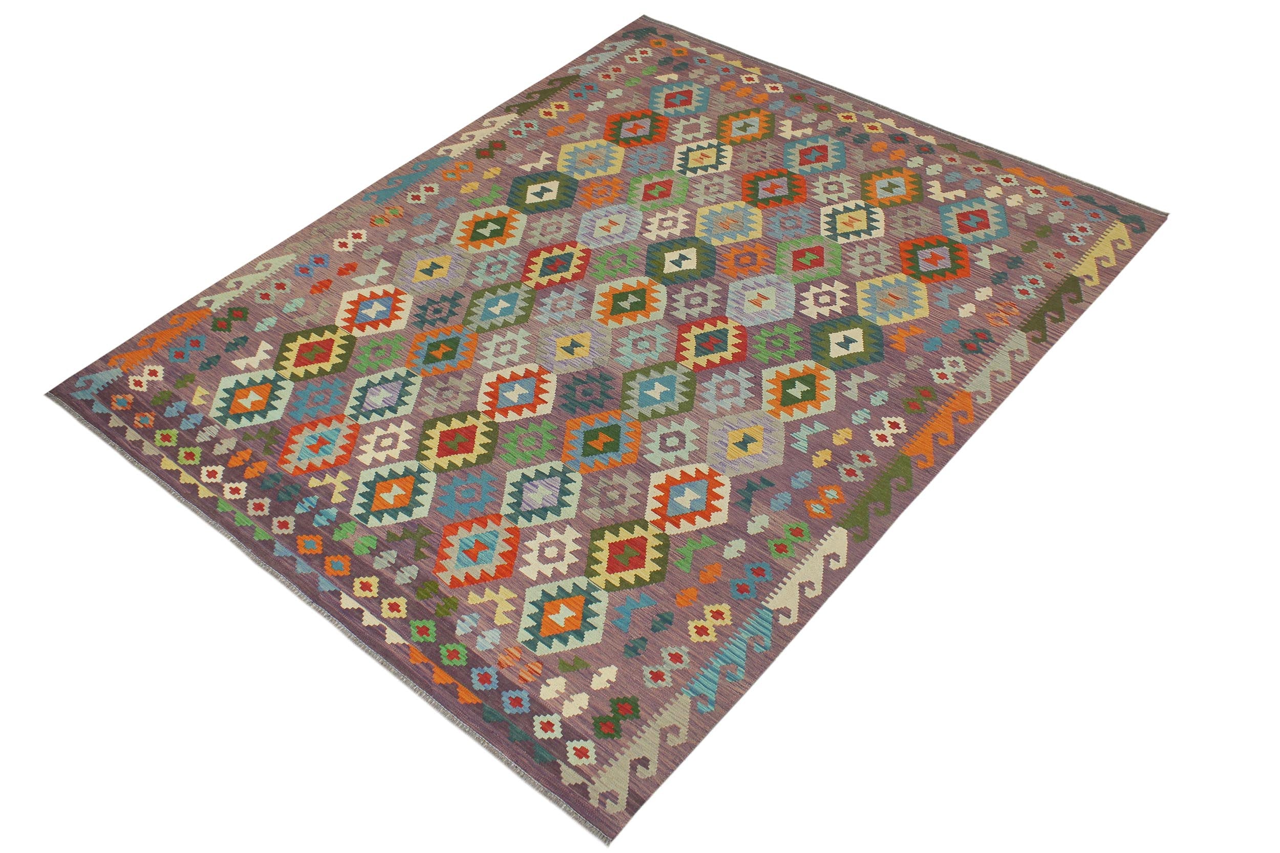 handmade Geometric Kilim Purple Blue Hand-Woven RECTANGLE 100% WOOL area rug 8 x 10