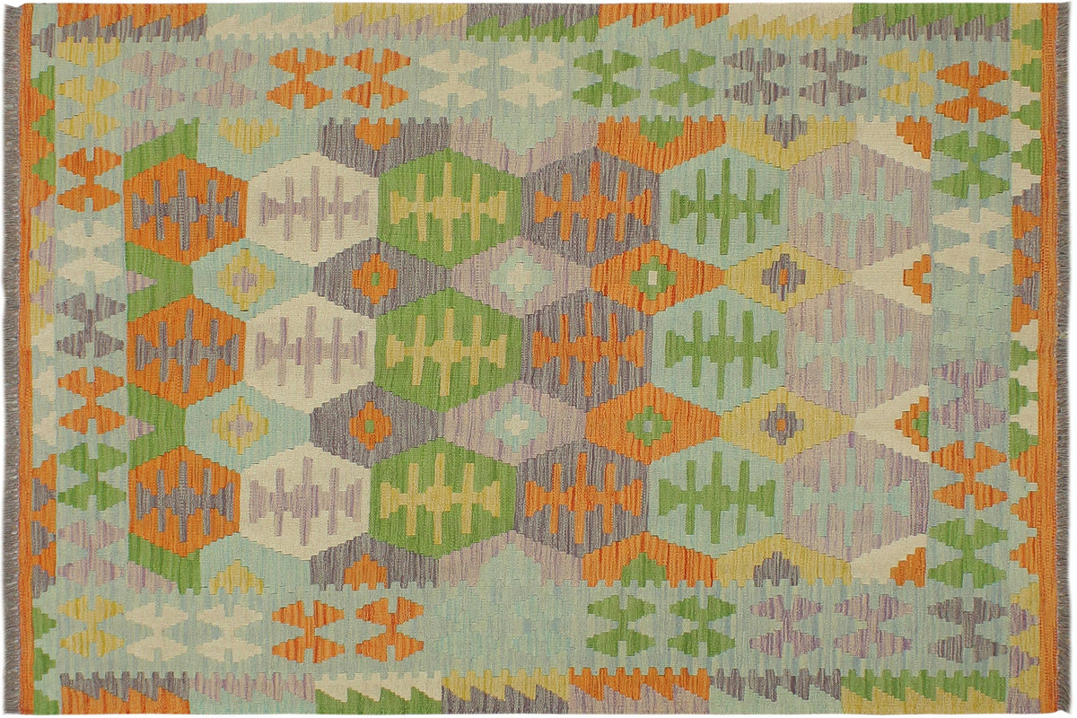 4x6 hand woven Turkish Kilim wool rug in blue and beige - Chic Cox Turkish