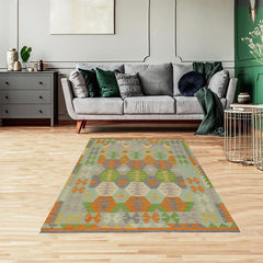 Flat Weave Kilim Antique Navaho Vintage handmade Geometric Kilim Blue Beige Hand-Woven Rectangle 100% Wool Area Rug 4x6 