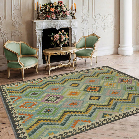 handmade Geometric Kilim Blue Charcoal Hand-Woven RECTANGLE 100% WOOL area rug 6 x 8