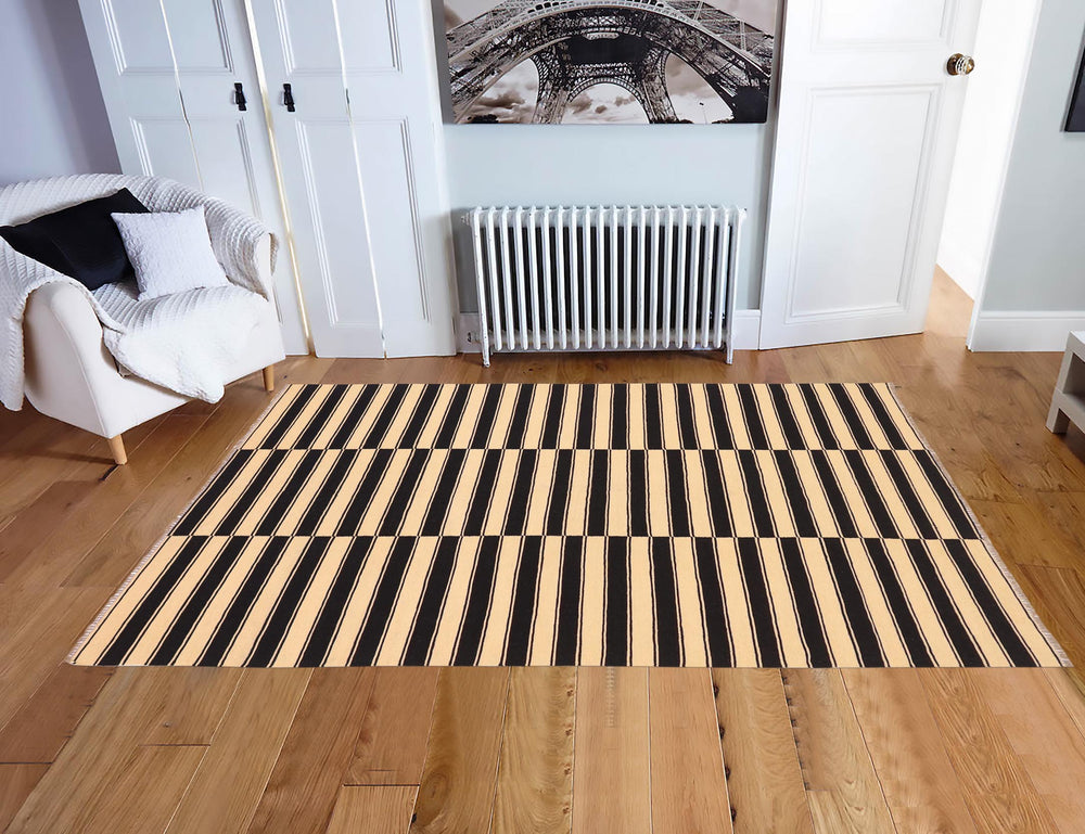 handmade Modern Kilim Beige Black Hand-Woven RECTANGLE 100% WOOL area rug 6' x 8'