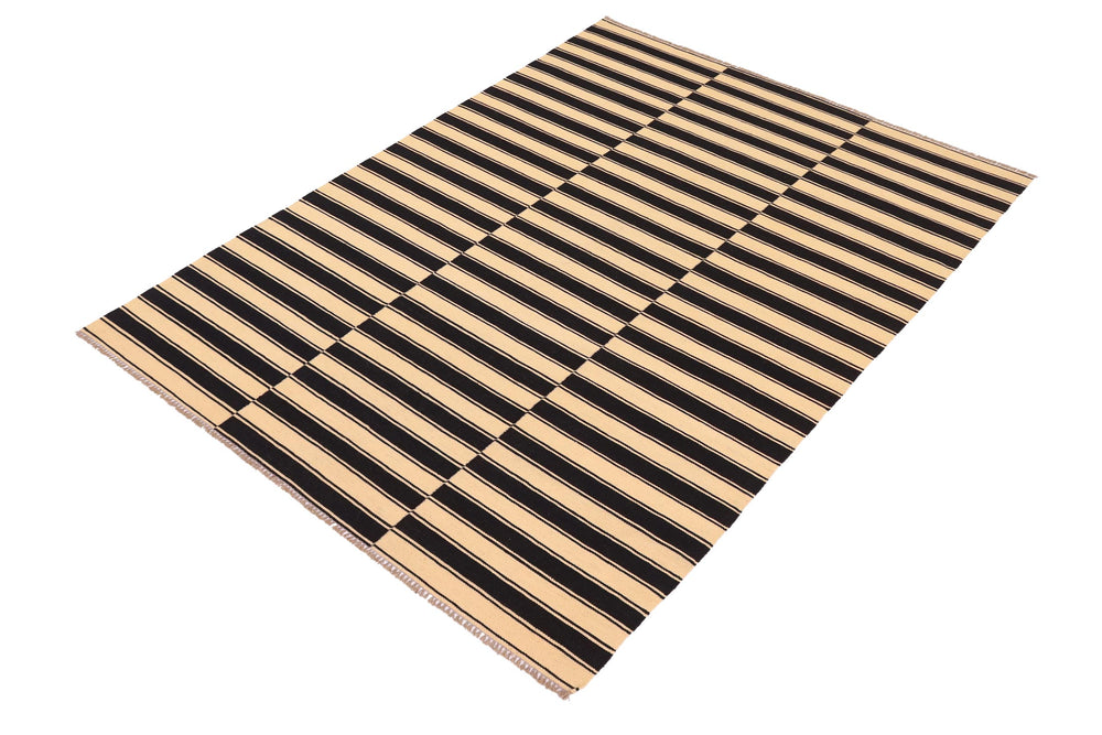 handmade Modern Kilim Beige Black Hand-Woven RECTANGLE 100% WOOL area rug 6' x 8'