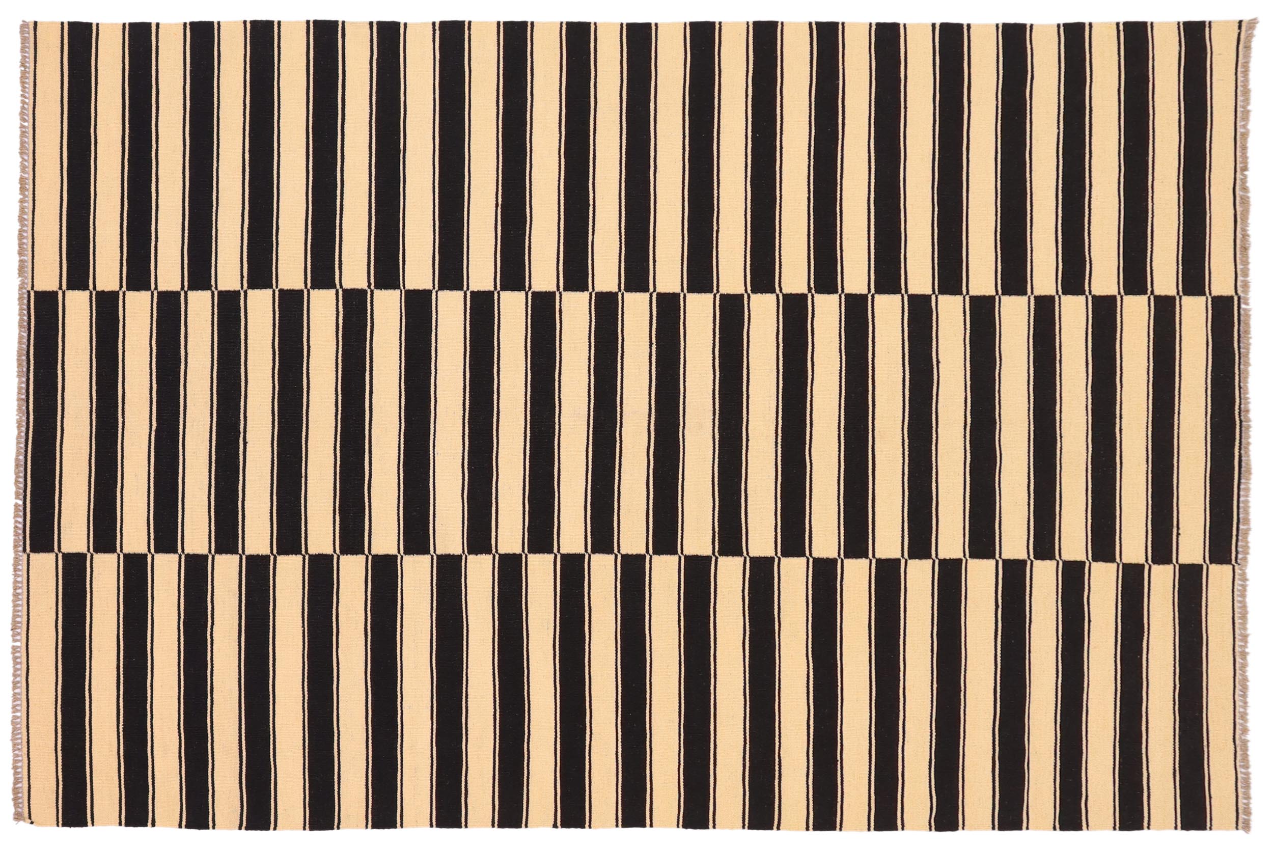 handmade Modern Kilim Beige Black Hand-Woven RECTANGLE 100% WOOL area rug 6' x 8'