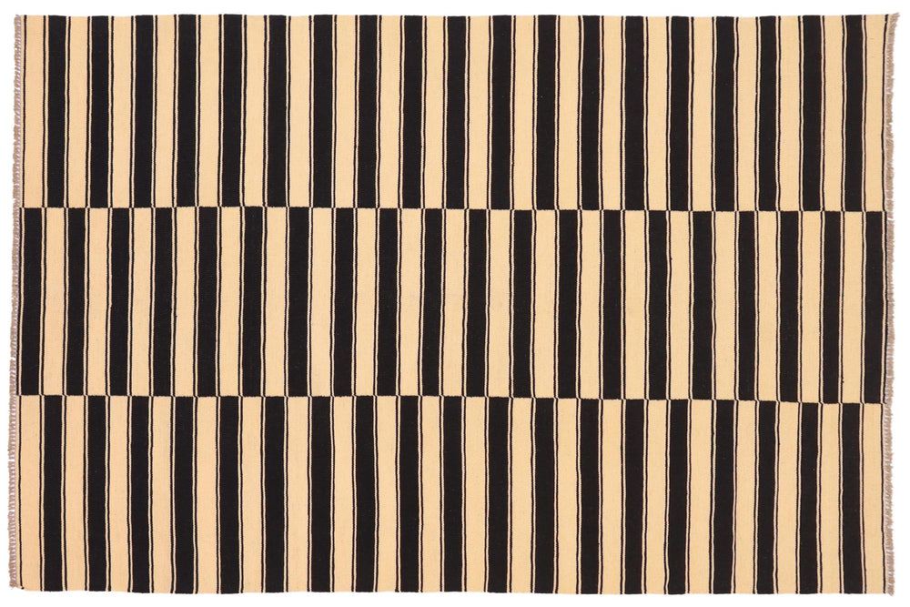 handmade Modern Kilim Beige Black Hand-Woven RECTANGLE 100% WOOL area rug 6' x 8'