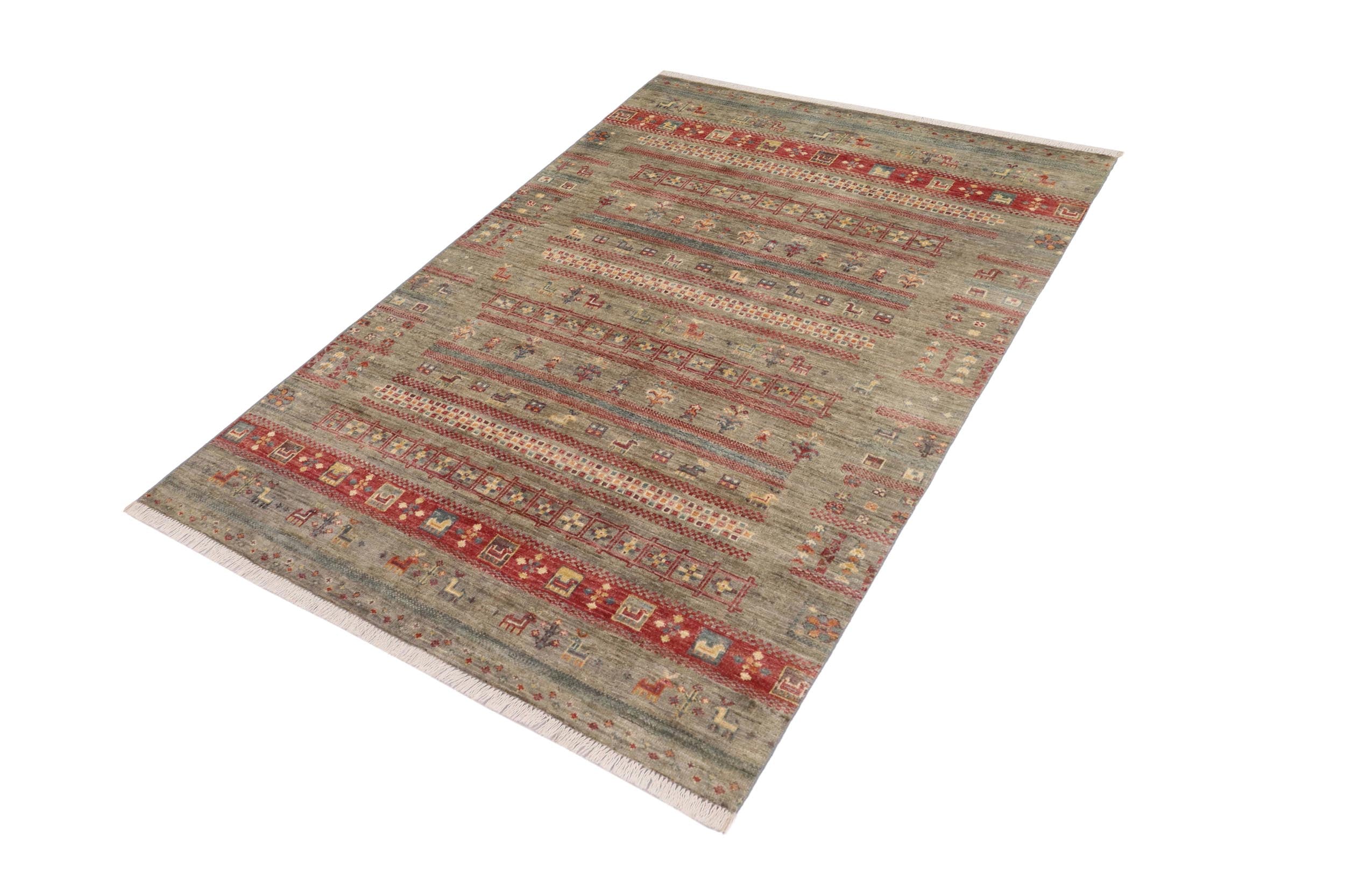 handmade Geometric Kurjean Green Red Hand Knotted RECTANGLE 100% WOOL area rug 4x6