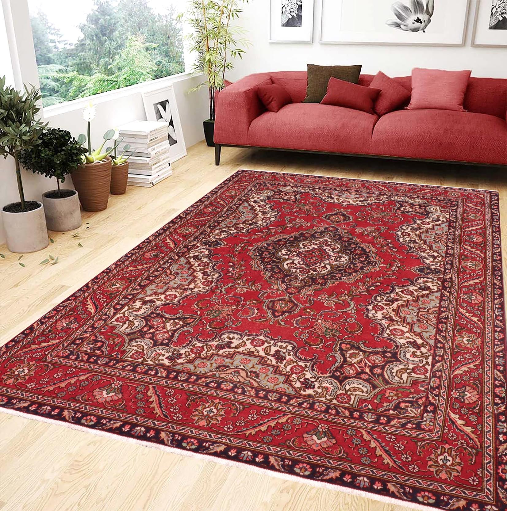 handmade Vintage Tabriz Red Blue Hand Knotted RECTANGLE 100% WOOL area rug 7' x 11'