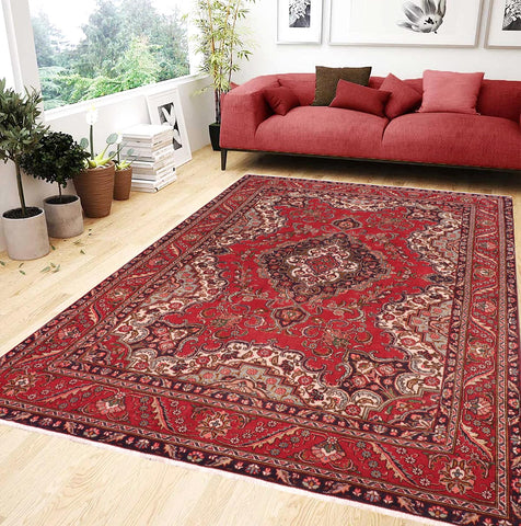 handmade Vintage Tabriz Red Blue Hand Knotted RECTANGLE 100% WOOL area rug 7' x 11'