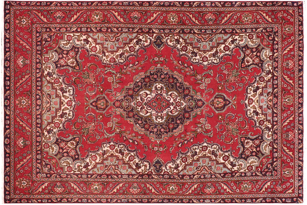 handmade Vintage Tabriz Red Blue Hand Knotted RECTANGLE 100% WOOL area rug 7' x 11'