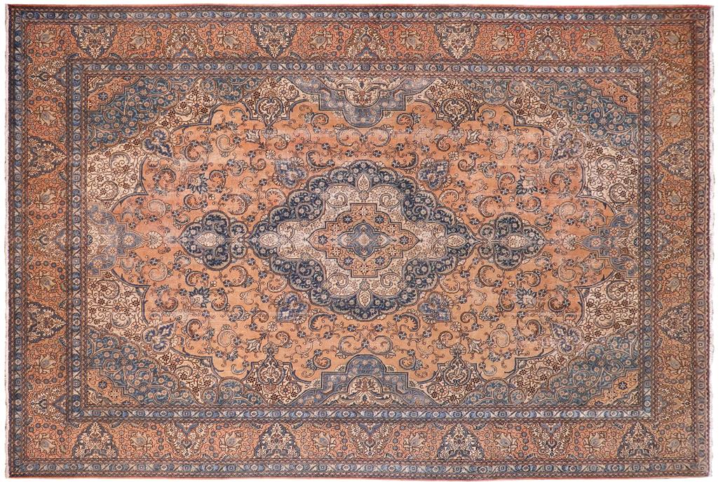 Traditional handmade Persian vintage distressed Tan Blue Hand Knotted RECTANGLE 100% WOOL area rug 10 x 13