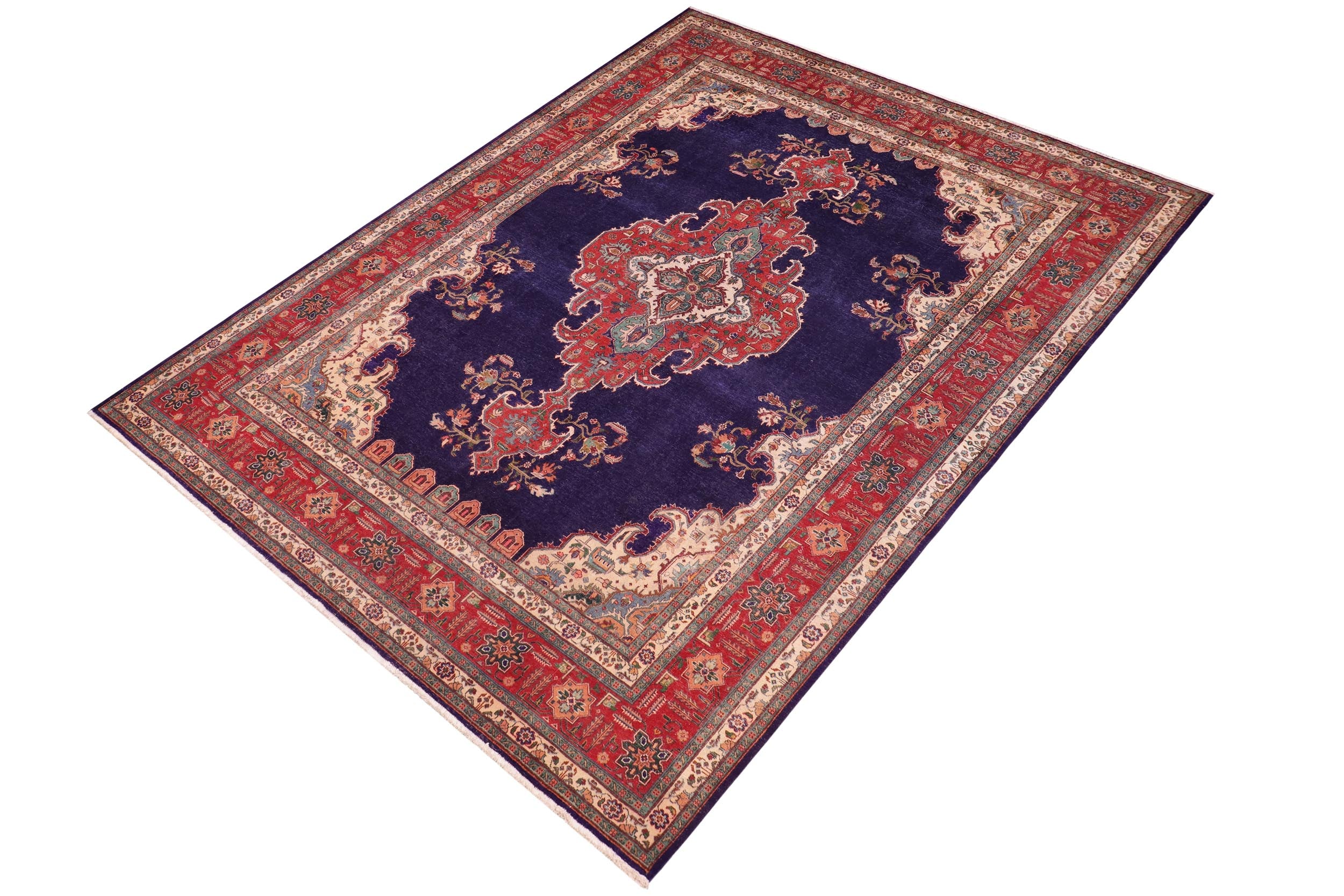 handmade Vintage Tabriz Blue Red Hand Knotted RECTANGLE 100% WOOL area rug 10' x 13'