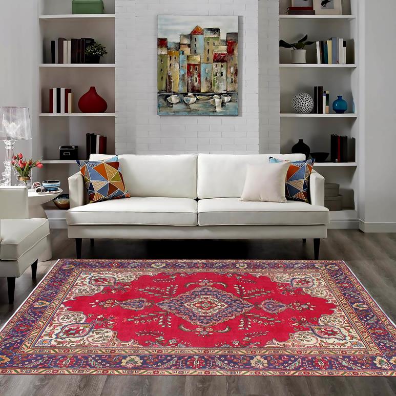 Traditional handmade Persian vintage distressed Red Blue Hand Knotted RECTANGLE 100% WOOL area rug 7 x 9