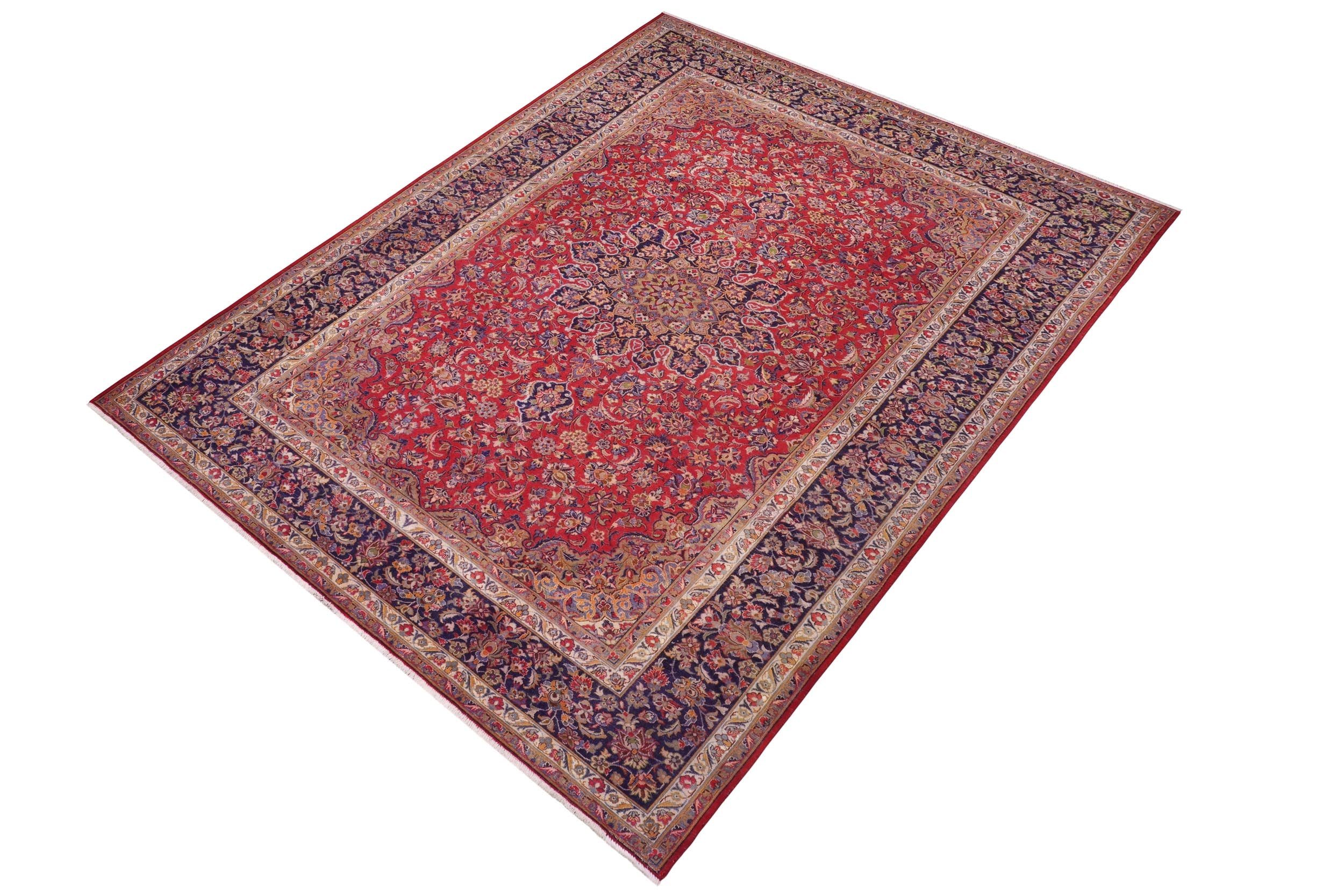 handmade Vintage Kashan Red Blue Hand Knotted RECTANGLE 100% WOOL area rug 10' x 14'