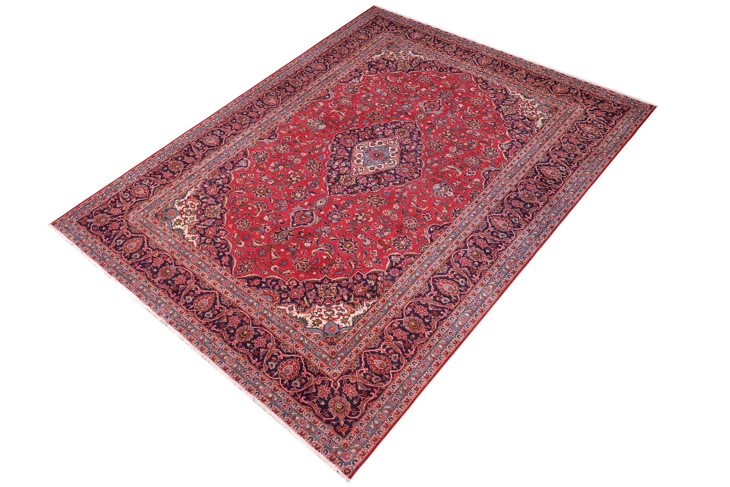 handmade Vintage Kashan Red Blue Hand Knotted RECTANGLE 100% WOOL area rug 9' x 13'