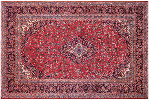 handmade Vintage Kashan Red Blue Hand Knotted RECTANGLE 100% WOOL area rug 9' x 13'