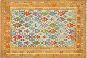 handmade Geometric Kilim Beige Orange Hand-Woven RECTANGLE 100% WOOL area rug 8 x 10