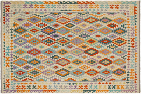 handmade Geometric Kilim Beige Rust Hand-Woven RECTANGLE 100% WOOL area rug 8 x 10