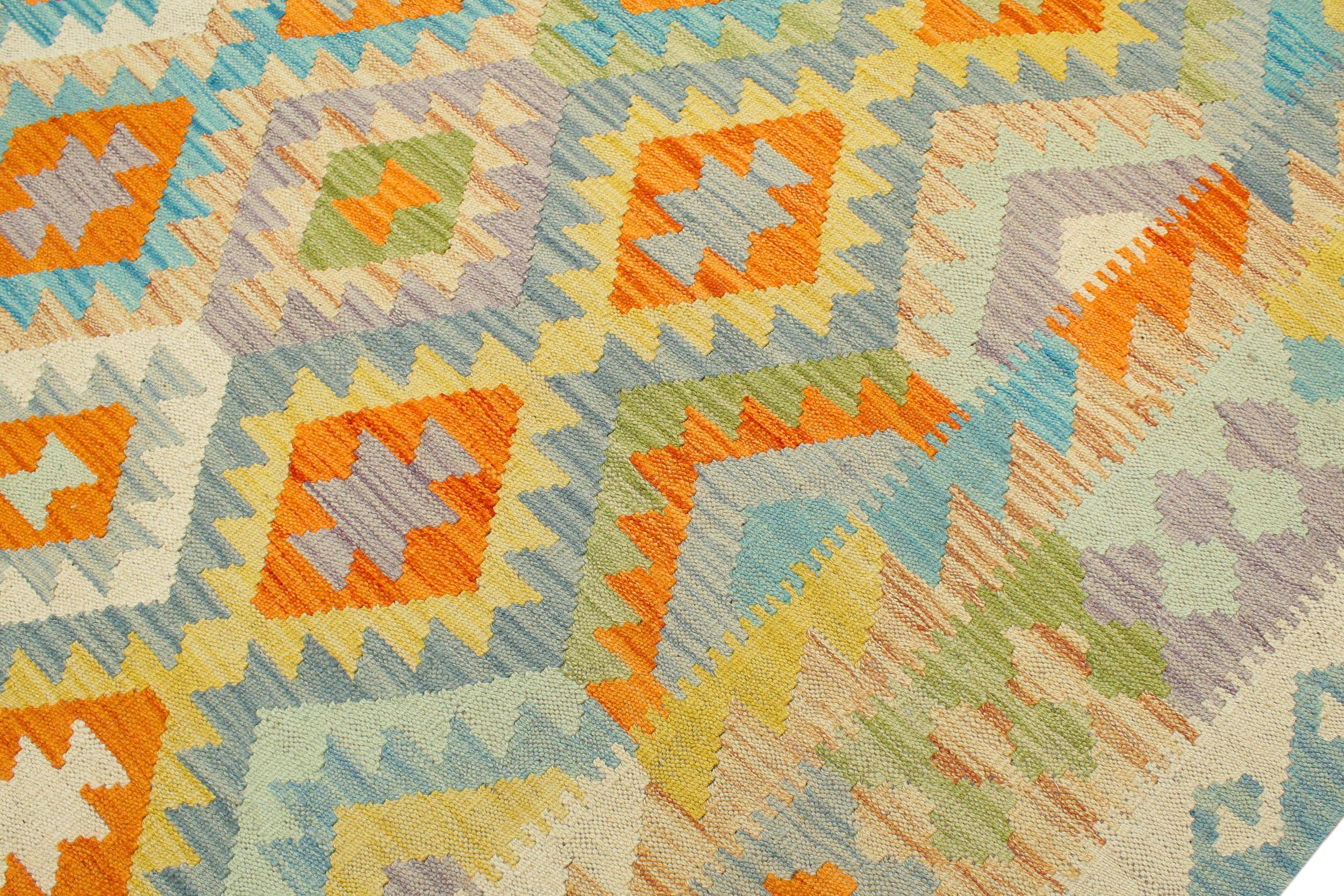 handmade Geometric Kilim Blue Rust Hand-Woven RECTANGLE 100% WOOL area rug 9 x 12