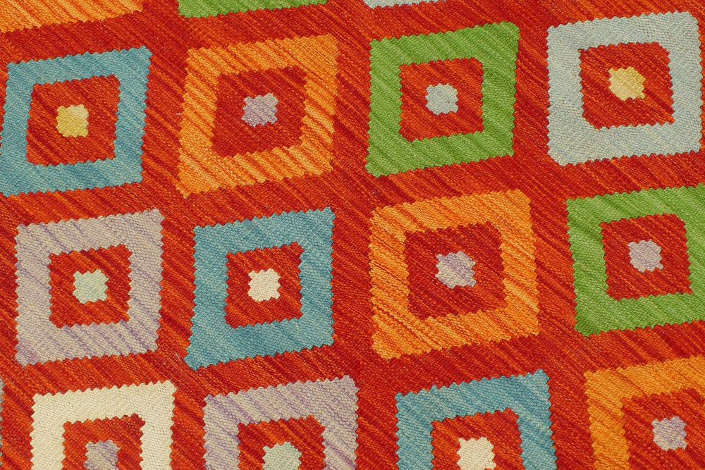 handmade Modern Kilim Rust Blue Hand-Woven RECTANGLE 100% WOOL area rug 8x11