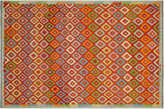 handmade Modern Kilim Rust Blue Hand-Woven RECTANGLE 100% WOOL area rug 8x11