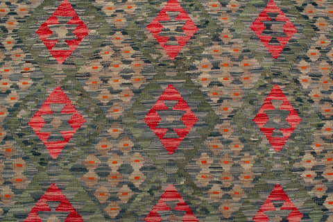 handmade Geometric Kilim Green Red Hand-Woven RECTANGLE 100% WOOL area rug 8 x 12