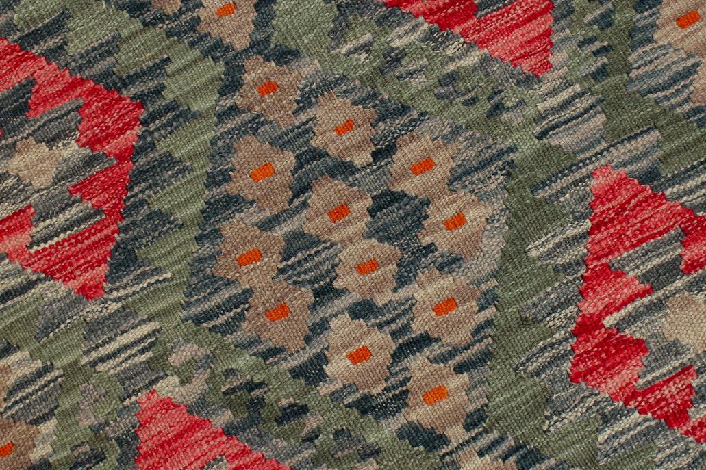Flat Weave Kilim Antique Navaho Vintage handmade Geometric Kilim Green Red Hand-Woven Rectangle 100% Wool Area Rug 8x12 
