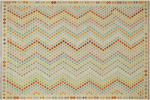 handmade Modern Kilim Blue Beige Hand-Woven RECTANGLE 100% WOOL area rug 9x11