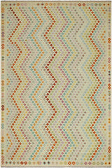 Flat Weave Kilim Antique Navaho Vintage handmade Modern Kilim Blue Beige Hand-Woven Rectangle 100% Wool Area Rug 9x11 