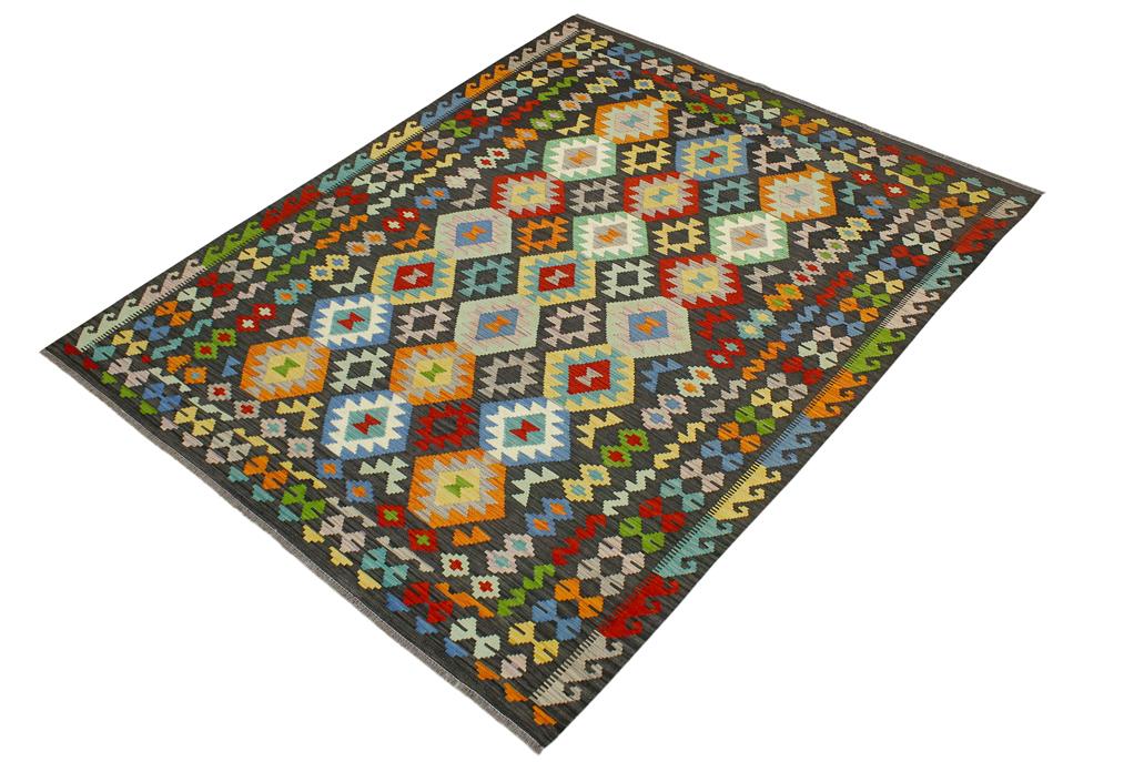 Flat Weave Kilim Antique Navaho Vintage handmade Geometric Kilim Charcoal Rust Hand-Woven Rectangle 100% Wool Area Rug 7x10 