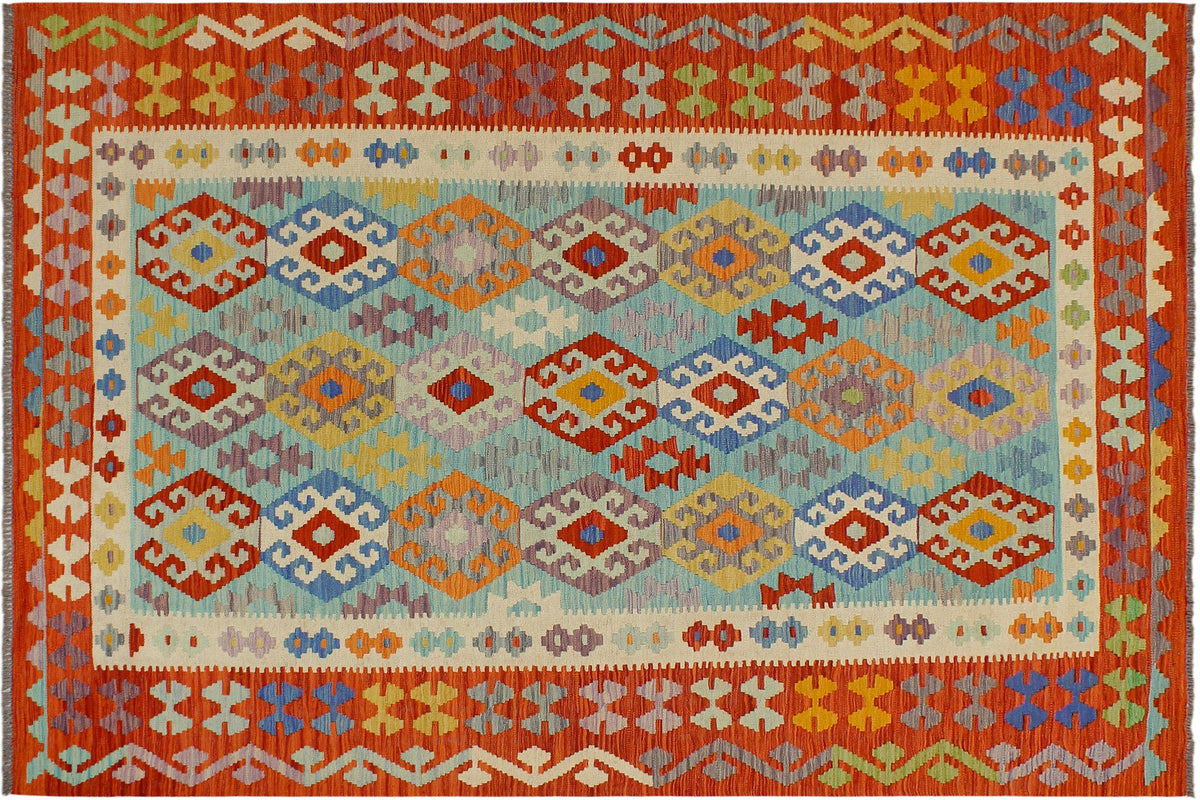 handmade Geometric Kilim Blue Rust Hand-Woven RECTANGLE 100% WOOL area rug 6 x 8
