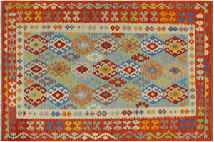 handmade Geometric Kilim Blue Rust Hand-Woven RECTANGLE 100% WOOL area rug 6 x 8