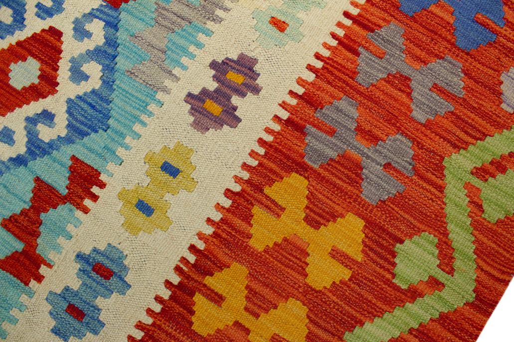 Flat Weave Kilim Antique Navaho Vintage handmade Geometric Kilim Blue Rust Hand-Woven Rectangle 100% Wool Area Rug 6x8 
