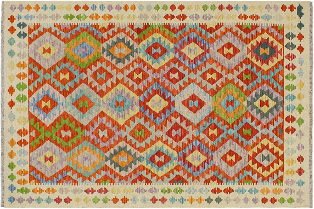 handmade Geometric Kilim Rust Beige Hand-Woven RECTANGLE 100% WOOL area rug 5 x 7