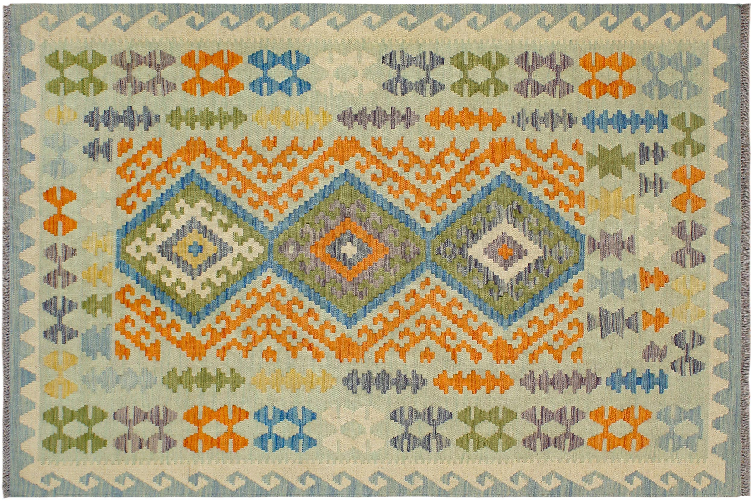 handmade Geometric Kilim Blue Orange Hand-Woven RECTANGLE 100% WOOL area rug 5x6