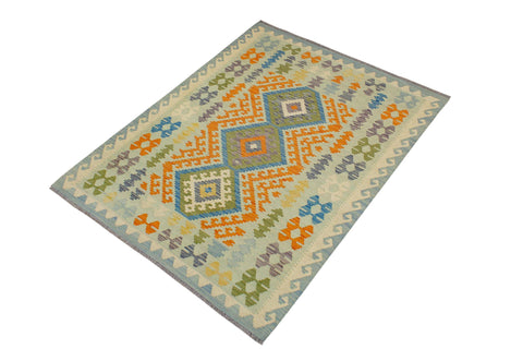 handmade Geometric Kilim Blue Orange Hand-Woven RECTANGLE 100% WOOL area rug 5x6
