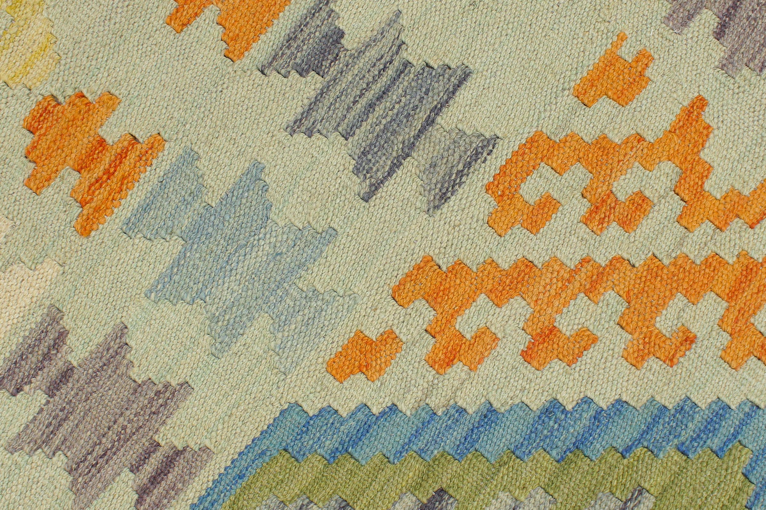 handmade Geometric Kilim Blue Orange Hand-Woven RECTANGLE 100% WOOL area rug 5x6