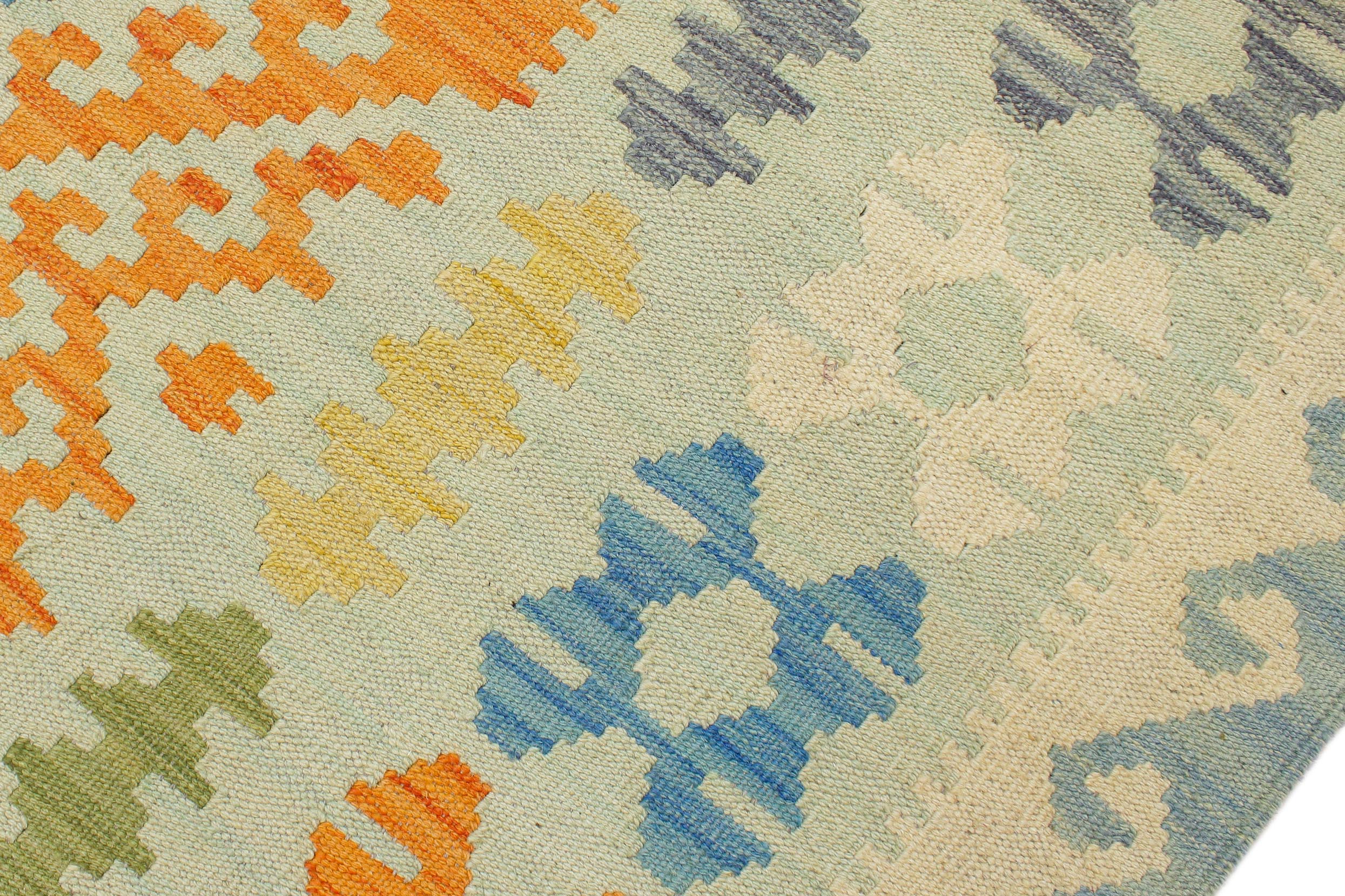 handmade Geometric Kilim Blue Orange Hand-Woven RECTANGLE 100% WOOL area rug 5x6