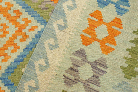 handmade Geometric Kilim Blue Orange Hand-Woven RECTANGLE 100% WOOL area rug 5x6