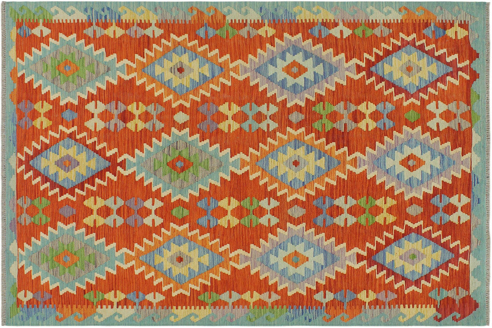 handmade Geometric Kilim Rust Blue Hand-Woven RECTANGLE 100% WOOL area rug 5 x 7